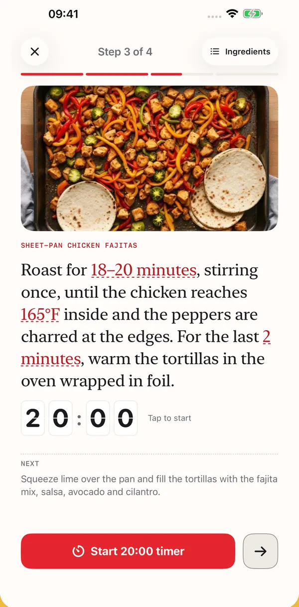 Cook mode: step photo, instructions and a 20-minute timer