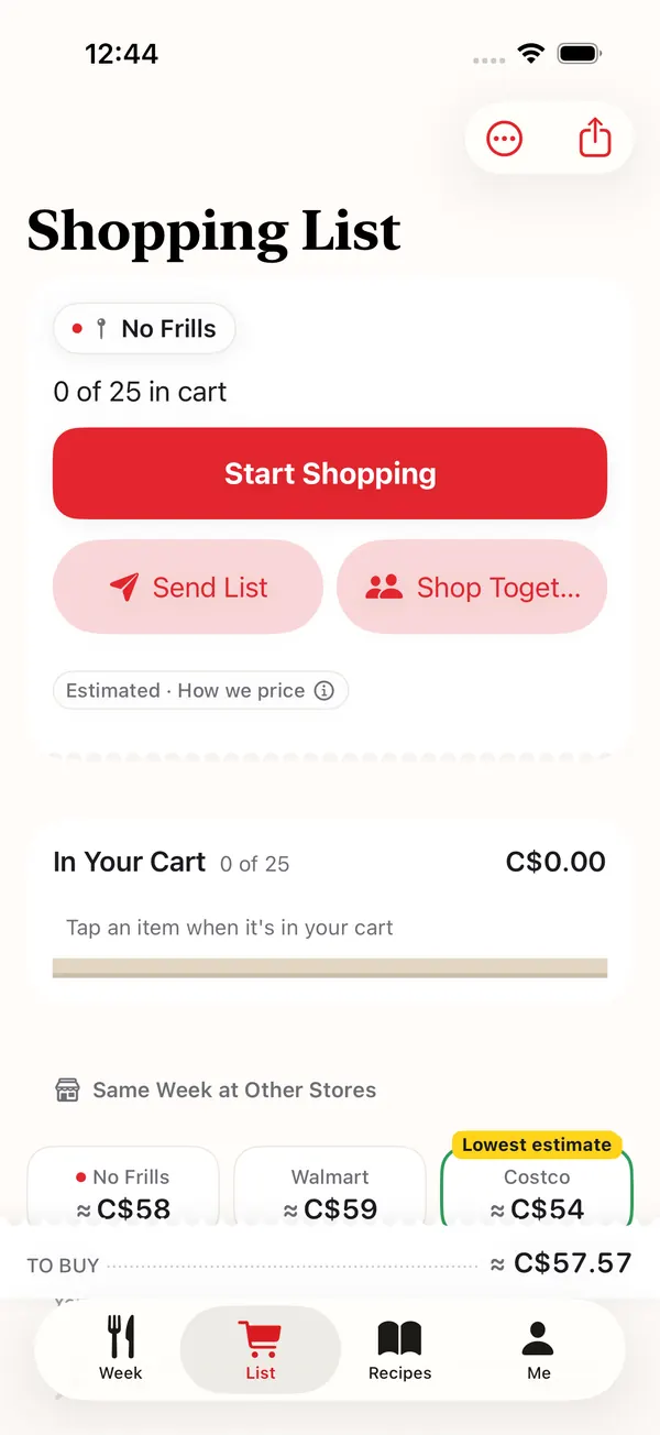 Shopping list screen grouped by aisle with an estimated total